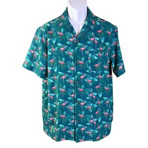 Caribbean Swimwear Button Down Shirt Mens Medium Green Pink Flamingo Tropical